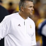 Arizona State coach Todd Graham watches his players warm up for an NCAA college football game against Northern Arizona on Saturday, Sept. 3, 2016, in Tempe, Ariz. (AP Photo/Ross D. Franklin)