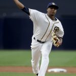 San Diego Padres starting pitcher Luis Perdomo throws against the Arizona Diamondbacks during the first inning of a baseball game in San Diego, Wednesday, Sept. 21, 2016. (AP Photo/Chris Carlson)