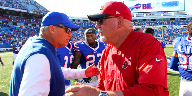 Buffalo Bills head coach Rex Ryan, left, and Arizona Cardinals head coach Bruce Arians shake hands ...