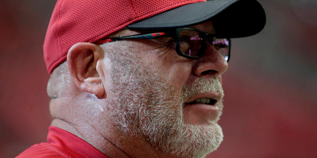 A 9/11 memorial pin is seen on the cap of Arizona Cardinals head coach Bruce Arians prior to an NFL...