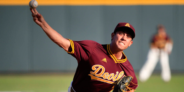 Arizona State pitcher Eder Erives delivers against TCU in the first inning of an NCAA college baseb...