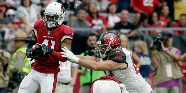Arizona Cardinals defensive back Marcus Cooper (41) intecepts a pass for a touchdown as Tampa Bay B...