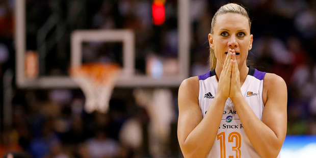 File-This Sept. 9, 2014, file photo shows Phoenix Mercury forward Penny Taylor reacting to a call d...