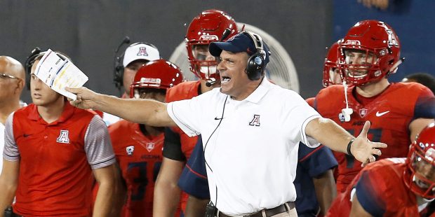 FILE - In this Sept. 10, 2016, file photo, Arizona coach Rich Rodriguez gestures during the first h...