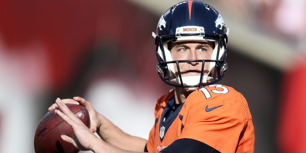 Denver Broncos quarterback Trevor Siemian (13) looks to pass during an NFL football game against th...