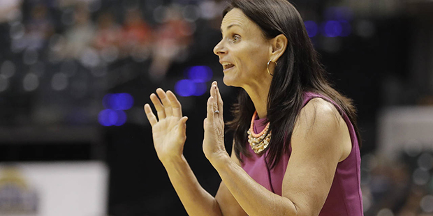 Phoenix Mercury head coach Sandy Brondello shouts instructions during the second half of a first ro...