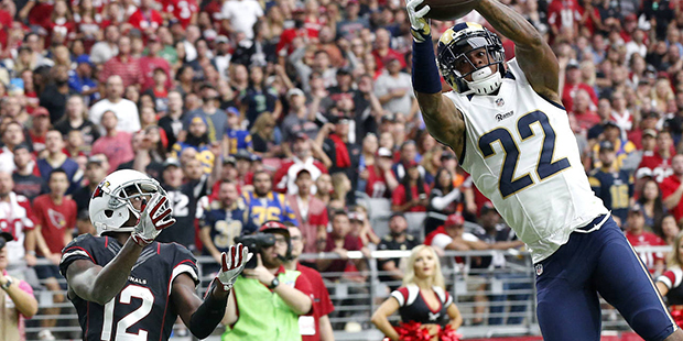 Los Angeles Rams cornerback Trumaine Johnson (22) intercepts a pass in the end zone intended for Ar...