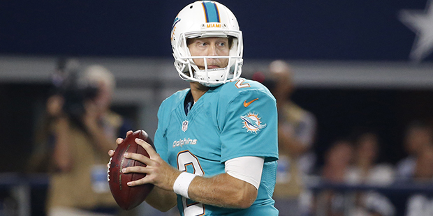 Miami Dolphins quarterback Zac Dysert (2) prepares to pass in the second half of an NFL preseason f...