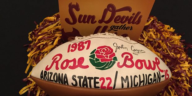 A decorated football remembering Arizona State’s 22-15 victory over Michigan in the 1987 Rose Bow...