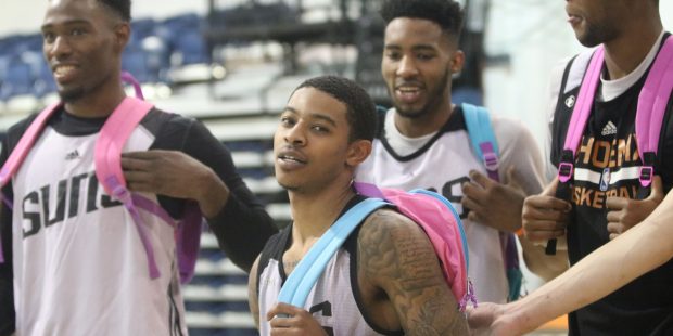 Tyler Ulis received a rookie backpack during Suns training camp. (Photo by Angela Denogean/Cronkite...