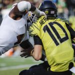 Arizona State defensive lineman Koron Crump (4), sacks Oregon quarterback Justin Herbert (10) in an NCAA college football game Saturday, Oct. 29, 2016 in Eugene, Ore. (AP Photo/Thomas Boyd)