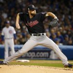 Cleveland Indians starting pitcher Corey Kluber throws during the first inning of Game 4 of the Major League Baseball World Series against the Chicago Cubs, Saturday, Oct. 29, 2016, in Chicago. (AP Photo/Nam Y. Huh)