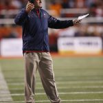 Arizona coach Rich Rodriguez questions a call during the first half of an NCAA college football game against Utah on Saturday, Oct. 8, 2016, in Salt Lake City. (AP Photo/George Frey)