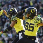 Oregon tight end Pharaoh Brown (85), celebrates his touchdown in the first quarter against Arizona State in an NCAA college football game Saturday, Oct. 29, 2016 in Eugene, Ore. (AP Photo/Thomas Boyd)