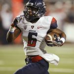 Arizona wide receiver Shun Brown (6) runs for a touchdown after catching a pass on the first play from scrimmage, during an NCAA college football game against Utah, Saturday, Oct. 8, 2016, in Salt Lake City. (AP Photo/George Frey)