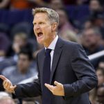 Golden State Warriors head coach Steve Kerr argues with officials during the first half of an NBA basketball game against the Phoenix Suns, Sunday, Oct. 30, 2016, in Phoenix. (AP Photo/Ross D. Franklin)