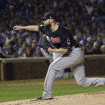 Cleveland Indians starting pitcher Corey Kluber throws during the first inning of Game 4 of the Major League Baseball World Series against the Chicago Cubs Saturday, Oct. 29, 2016, in Chicago. (AP Photo/David J. Phillip)