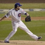 Chicago Cubs starting pitcher John Lackey throws against the Cleveland Indians in Game 4 of the Major League Baseball World Series Saturday, Oct. 29, 2016, in Chicago. (AP Photo/Charles Rex Arbogast)