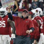 Arizona Cardinals head coach Bruce Arians yells during the first half of a football game against the Seattle Seahawks , Sunday, Oct. 23, 2016, in Glendale, Ariz. (AP Photo/Ross D. Franklin)
