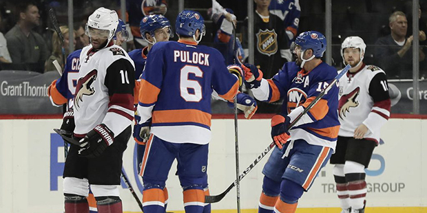 The New York Islanders celebrate a first-period goal by Dennis Seidenberg against the Arizona Coyot...
