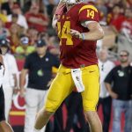 Southern California quarterback Sam Darnold (14) throws a touchdown pass to wide receiver JuJu Smith-Schuster (9) during the first half of an NCAA college football game against Arizona State Saturday, Oct. 1, 2016, in Los Angeles. (AP Photo/Ryan Kang)