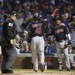 Cleveland Indians' Carlos Santana (41) celebrates after hitting a home run during the second inning of Game 4 of the Major League Baseball World Series against the Chicago Cubs, Saturday, Oct. 29, 2016, in Chicago. (AP Photo/Nam Y. Huh)