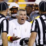 Arizona State head coach Todd Graham argues with officials during the first half of an NCAA college football game against UCLA Saturday, Oct. 8, 2016, in Tempe, Ariz. (AP Photo/Ross D. Franklin)