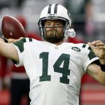 New York Jets quarterback Ryan Fitzpatrick (14) warms up prior to an NFL football game against the Arizona Cardinals, Monday, Oct. 17, 2016, in Glendale, Ariz. (AP Photo/Ross D. Franklin)