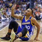 Golden State Warriors guard Stephen Curry argues with officials after thinking he was fouled while shooting against the Phoenix Suns during the first half of an NBA basketball game Sunday, Oct. 30, 2016, in Phoenix. (AP Photo/Ross D. Franklin)