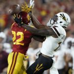 Southern California defensive back Leon McQuay III (22) blocks a pass intended for Arizona State wide receiver Ellis Jefferson (19) during the first half of an NCAA college football game Saturday, Oct. 1, 2016, in Los Angeles. (AP Photo/Ryan Kang)