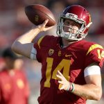Southern California quarterback Sam Darnold (14) warms up before an NCAA college football game against Arizona State Saturday, Oct. 1, 2016, in Los Angeles. (AP Photo/Ryan Kang)
