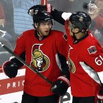 Ottawa Senators' Bobby Ryan celebrates his goal against the Arizona Coyotes with teammate Mark Stone (61) during the first period of an NHL hockey game Tuesday, Oct. 18, 2016, in Ottawa, Ontario. (Fred Chartrand/The Canadian Press via AP)