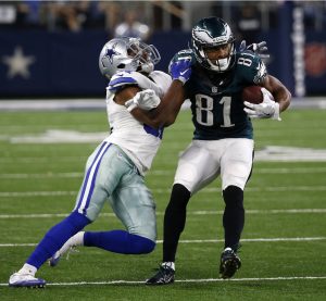 Dallas Cowboys free safety Byron Jones (31) attempts to stop Philadelphia Eagles wide receiver Jordan Matthews (81) from gaining extra yardage after Matthews caught a pass in the second half of an NFL football game, Sunday, Oct. 30, 2016, in Arlington, Texas. (AP Photo/Michael Ainsworth)