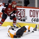 Arizona Coyotes' Jakob Chychrun (6) trips up Philadelphia Flyers' Pierre-Edouard Bellemare (78) during the third period of an NHL hockey game, Saturday, Oct. 15, 2016, in Glendale, Ariz. The Coyotes defeated the Flyers 4-3. (AP Photo/Ross D. Franklin)