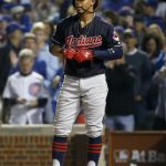 Cleveland Indians' Francisco Lindor reacts after striking out during the first inning of Game 4 of the Major League Baseball World Series against the Chicago Cubs, Saturday, Oct. 29, 2016, in Chicago. (AP Photo/Nam Y. Huh)
