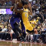 Los Angeles Lakers guard Jordan Clarkson, right, steals the ball from Phoenix Suns guard Eric Bledsoe on an inbounds pass during the second half of an NBA preseason basketball game in Anaheim, Calif., Friday, Oct. 21, 2016. (AP Photo/Kelvin Kuo)