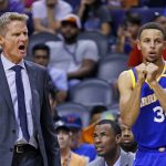 Golden State Warriors head coach Steve Kerr, left, and Stephen Curry, right, argue with officials during the second half of an NBA basketball game against the Phoenix Suns Sunday, Oct. 30, 2016, in Phoenix. The Warriors defeated the Suns 106-100. (AP Photo/Ross D. Franklin)