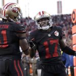 San Francisco 49ers wide receiver Jeremy Kerley (17) is congratulated by Quinton Patton (11) after scoring on a reception during the first half of an NFL football game against the Arizona Cardinals in Santa Clara, Calif., Thursday, Oct. 6, 2016. (AP Photo/Marcio Jose Sanchez)