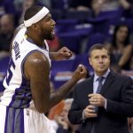 Sacramento Kings center DeMarcus Cousins (15) reacts to a foul called against him during the first half of an NBA basketball game against the Phoenix Suns, Wednesday, Oct. 26, 2016, in Phoenix. (AP Photo/Matt York)