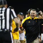 Arizona State head coach Todd Graham, back, argues a call with head linesman Kirk Mattson while facing Colorado in the first half of an NCAA college football game Saturday, Oct. 15, 2016, in Boulder, Colo. (AP Photo/David Zalubowski)