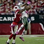 New York Jets wide receiver Robby Anderson (11) pulls in a catch as Arizona Cardinals cornerback Tharold Simon (29) defends during the second half of an NFL football game, Monday, Oct. 17, 2016, in Glendale, Ariz. (AP Photo/Rick Scuteri)