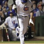 Chicago Cubs' Kris Bryant reacts after popping out during the first inning of Game 4 of the Major League Baseball World Series against the Cleveland Indians Saturday, Oct. 29, 2016, in Chicago. (AP Photo/David J. Phillip)