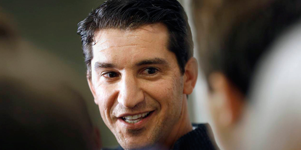 Boston Red Sox general manager Mike Hazen talks with reporters prior to the Boston chapter of the B...