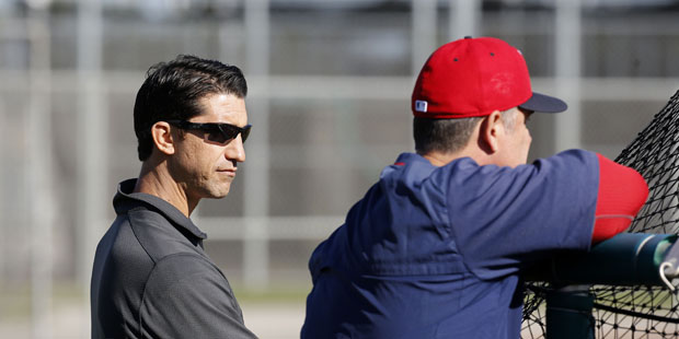 Boston Red Sox general manager Mike Hazen, left, stands alongside manager John Farrell at a spring ...