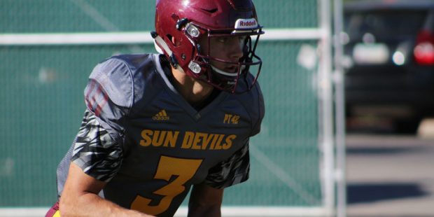 ASU’s Jack Smith practices as the third-string quarterback, wearing No. 3 instead of the No. 34 j...