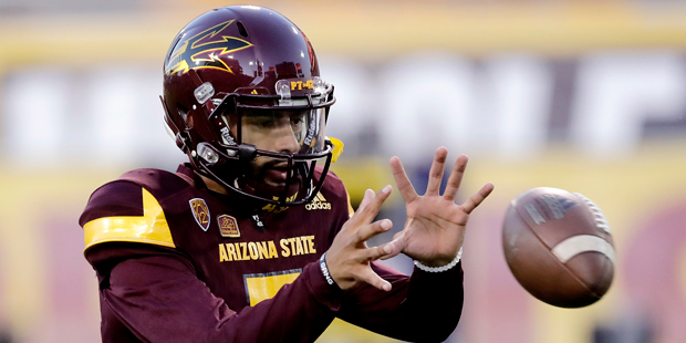 Arizona State quarterback Manny Wilkins warms up for an NCAA college football game against Californ...