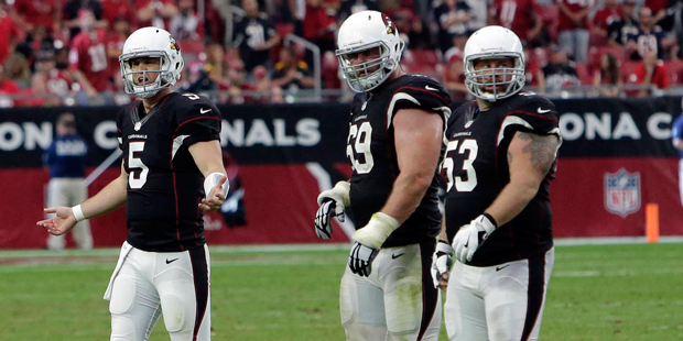 Arizona Cardinals quarterback Drew Stanton (5) reacts after throwing an interception against the Lo...
