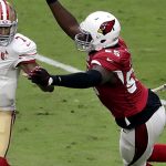 San Francisco 49ers quarterback Colin Kaepernick (7) is sacked by Arizona Cardinals outside linebacker Chandler Jones (55) during the first half of an NFL football game, Sunday, Nov. 13, 2016, in Glendale, Ariz. (AP Photo/Rick Scuteri)