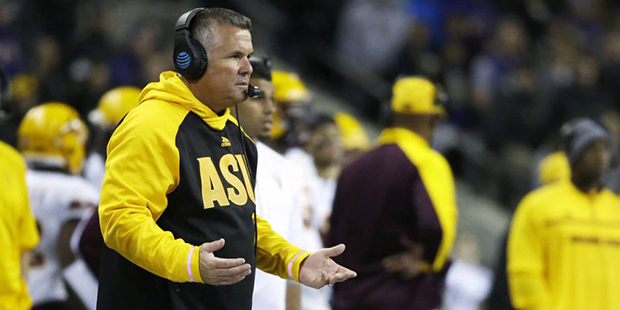 Arizona State head coach Todd Graham reacts on the sideline during the second half of an NCAA colle...