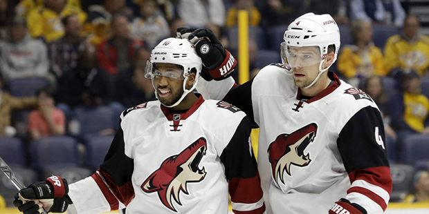Arizona Coyotes left wing Anthony Duclair (10) and defenseman Zbynek Michalek (4), of the Czech Rep...